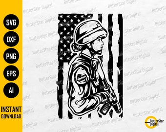 Female American Soldier SVG | USA Military Svg | US Army Svg T-Shirt | Cricut Silhouette Cutting Files Clipart Vector Digital Png Eps Dxf Ai