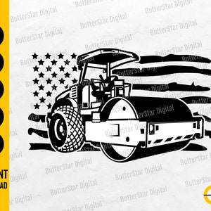 May include: Black and white graphic of a road roller with the American flag design. The image includes the text "SVG, DXF, PNG, EPS, AI" and "INSTANT DOWNLOAD".