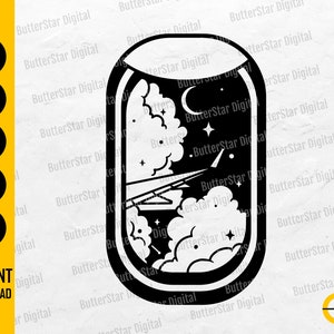 May include: Black and white digital illustration of an airplane window view. The design features clouds, stars, a crescent moon, and an airplane silhouette. The words "INSTANT DOWNLOAD" are also included.