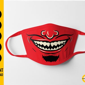 May include: A red face mask with a devilish grin design. The mask has a white nose and teeth, with a black goatee. The text "SVG, EPS, PNG, PDF, AI" is on the left side, and "INSTANT DOWNLOAD" is below. The ButterStar Digital logo is in the bottom right.