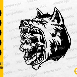 Puede incluir: Ilustración digital en blanco y negro de una calavera con cabeza de lobo. La imagen incluye el texto "SVG, DXF, PNG, EPS, AI" y "INSTANT DOWNLOAD". El diseño es de ButterStar Digital.
