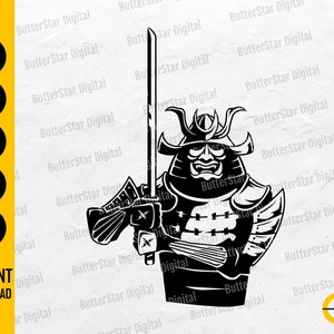 May include: Black and white illustration of a samurai warrior holding a katana sword. The warrior is wearing traditional armor and a helmet. The image includes the text "SVG, DXF, PNG, EPS, AI" and "INSTANT DOWNLOAD".