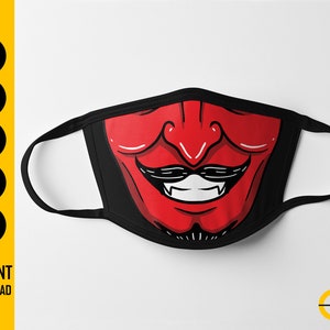 May include: Black face mask featuring a red devil face design. The mask has a black border and white ear loops. The image also includes the text "SVG, DXF, PNG, EPS, AI" and "INSTANT DOWNLOAD".