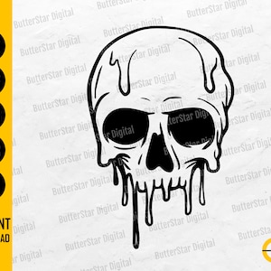 May include: Black and white illustration of a skull with a melting effect. The image includes the text "SVG, DXF, PNG, EPS, AI" and "INSTANT DOWNLOAD". The design is by ButterStar Digital.