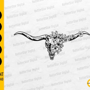 Floral Texas Longhorn Cow Skull SVG | Western T-Shirt Sticker Graphics | Cricut Cutting File Printable Clipart Vector Digital Dxf Png Eps Ai