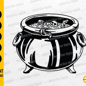 Puede incluir: Ilustración en blanco y negro de un caldero con una poción burbujeante y huesos. El caldero tiene asas y está sobre tres patas. La imagen incluye el texto "SVG, DXF, PNG, EPS, AI" y "INSTANT DOWNLOAD".