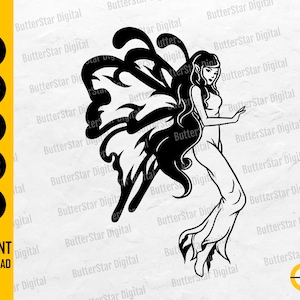 May include: Black and white digital illustration of a fairy with large, detailed wings. The fairy is depicted in a flowing gown with long hair. The image includes the text "INSTANT DOWNLOAD" and file type options: SVG, DXF, PNG, EPS, and AI.