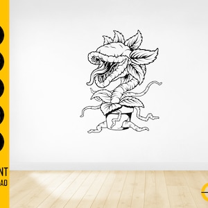 May include: Black and white illustration of a carnivorous plant with a large, open mouth and multiple leaves. The image includes the text "SVG, DXF, PNG, EPS, AI" and "INSTANT DOWNLOAD".