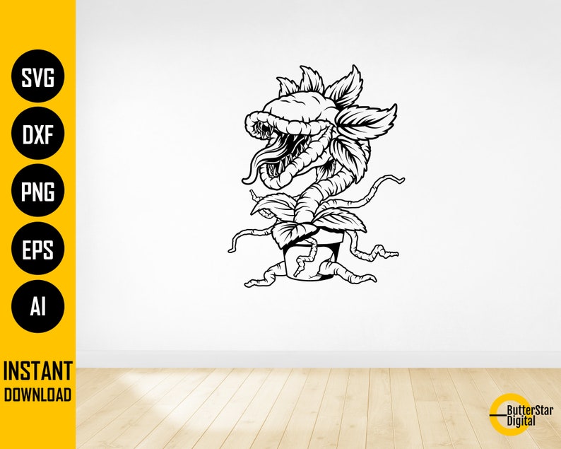May include: Black and white illustration of a carnivorous plant with a large, open mouth and multiple leaves. The image includes the text "SVG, DXF, PNG, EPS, AI" and "INSTANT DOWNLOAD".