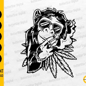May include: Black and white graphic of a gorilla wearing sunglasses, smoking a cigarette, and holding a cannabis leaf. The image includes the text "SVG, DXF, PNG, EPS, AI, INSTANT DOWNLOAD."