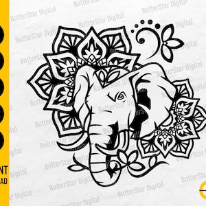 May include: Black and white elephant head design with floral mandala elements. Includes the text "SVG, DXF, PNG, EPS, AI" and "INSTANT DOWNLOAD". The design is from ButterStar Digital.