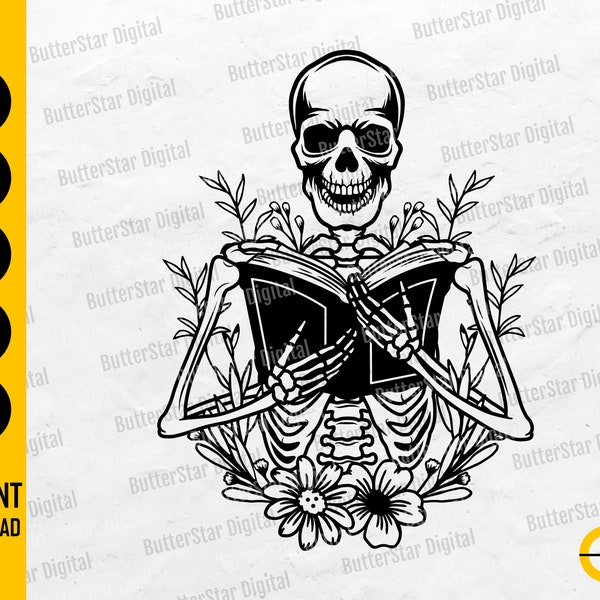 Skeleton Holding Boek SVG | Floral Book Art SVG | Boek Met Bloemen SVG | Bookish Svg | Cricut Snijden Bestanden Clipart Digitale Dxf Png Eps Ai