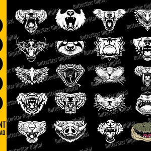 Puede incluir: Una colección de diseños de caras de animales en blanco y negro, incluyendo un oso, un panda, una serpiente y un tigre. La imagen también incluye el texto "SVG", "DXF", "PNG", "EPS", "AI" y "DESCARGA INSTANTÁNEA".