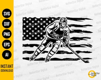 Amerykański hokeista SVG | Flaga USA SVG | Naklejka na koszulkę sportową | Cricut sylwetka Clip Art Wektor Cyfrowy Dxf Png Eps Ai