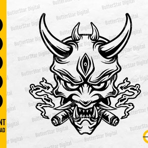 May include: Black and white digital illustration of a Japanese Oni mask with horns, fangs, and a third eye. The mask is smoking cigars. The image includes the text "SVG, DXF, PNG, EPS, AI" and "INSTANT DOWNLOAD".