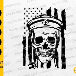 May include: Black and white digital graphic of a skull wearing a sailor hat with an anchor emblem, and a pipe. The design incorporates elements of the American flag, with stars and stripes. The text "INSTANT DOWNLOAD" is also included.