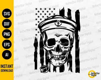 US Sailor Skull SVG | USA Flag Svg | Navy T-Shirt Decal Vinyl Sticker Tattoo | Cricut Silhouette Cameo Clipart Vector Digital Dxf Png Eps Ai