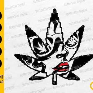 May include: Black and white cannabis leaf design with red lips and a cigarette. The image includes the text "SVG, DXF, PNG, EPS, AI" and "INSTANT DOWNLOAD". The design is by ButterStar Digital.