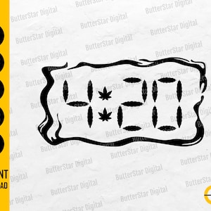 Puede incluir: Gráfico digital en blanco y negro con los números "4:20" y hojas de cannabis. El diseño está encerrado en un borde ondulado y estilizado. También incluye el texto "DESCARGA INSTANTÁNEA".