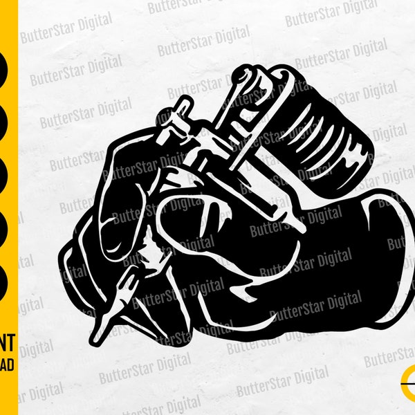 Hand Holding Tattoo Gun SVG | Ink Inked Tattooist Shop Studio Parlor Equipment | Cut Files Printables Clip Art Vector Digital Dxf Png Eps Ai