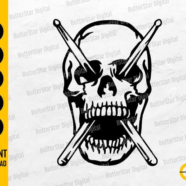 Skull With Drumsticks SVG | Drummer SVG | Rock And Roll SVG | Cricut Silhouette Cutting File Clip Art Vector Digital Download Dxf Png Eps Ai