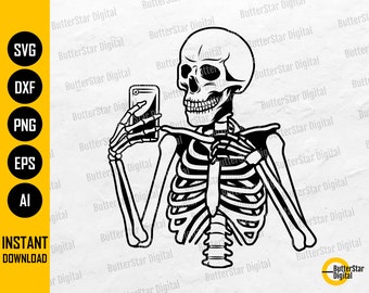 Selfie Skeleton SVG | Funny Gothic T-Shirt Decal Vinyl Graphics | Cricut Cut File Silhouette Printable Clipart Vector Digital Dxf Png Eps Ai