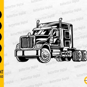 Puede incluir: Ilustración en blanco y negro de un camión articulado. La imagen incluye las palabras "SVG", "DXF", "PNG", "EPS" y "AI" en círculos, y las palabras "DESCARGA INSTANTÁNEA". El camión tiene una parrilla delantera detallada y varias ruedas.