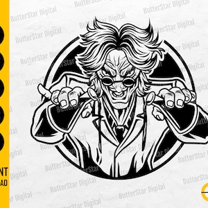 May include: Black and white vector graphic of a mad scientist with wild hair, round glasses, and a lab coat, reaching forward. The image is inside a black circle. Text includes "SVG, DXF, PNG, EPS, AI" and "INSTANT DOWNLOAD".