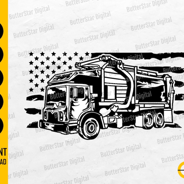 USA Flag Garbage Truck SVG | US Garbage Svg | Garbageman Decal Shirt Decor | Cricut Silhouette Cutting Clipart Vector Digital Dxf Png Eps Ai