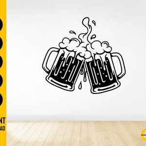 May include: Black and white illustration of two beer mugs clinking together, with foam and droplets. The image is a digital design, with the words "SVG, DXF, PNG, EPS, AI" and "INSTANT DOWNLOAD" on the left side.