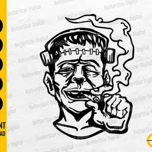 May include: A black and white illustration of Frankenstein smoking a cigar. The image includes the text "INSTANT DOWNLOAD" and file type options: SVG, DXF, PNG, EPS, and AI.