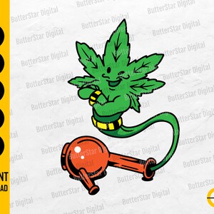 Puede incluir: Una ilustración de dibujos animados de un personaje de hoja de cannabis verde con una cara sonriente, que lleva una banda a rayas amarillas y negras. Sostiene una pipa para fumar naranja y marrón. La imagen incluye el texto "INSTANT DOWNLOAD".