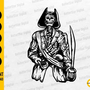 May include: Black and white digital illustration of a skeleton pirate wearing a tricorn hat and a coat, holding a sword and a hook. The image includes the text "SVG, DXF, PNG, EPS, AI, INSTANT DOWNLOAD".