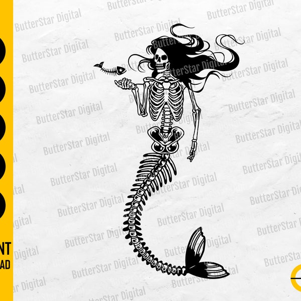 Mermaid Skeleton With Fish SVG | Gothic SVG | Sea Monster SVG | Cricut Cut Files Silhouette Printable Clip Art Vector Digital Dxf Png Eps Ai