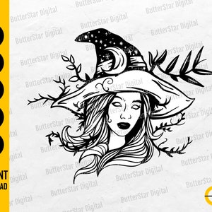 May include: Black and white digital illustration of a witch with long flowing hair, wearing a pointed hat adorned with a crescent moon and stars. The image includes the text "INSTANT DOWNLOAD" and file type options.