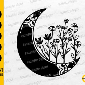 Wildflower Moon SVG | Flower Moon SVG | Floral Crescent Moon SVG | Celestial T-Shirt Decals | Cricut Cut File Clipart Digital Dxf Png Eps Ai