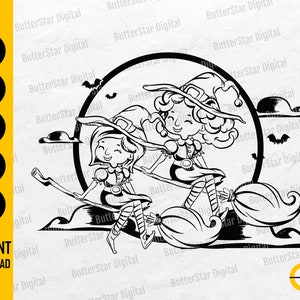May include: Black and white illustration of two witches riding a broomstick, with bats and clouds in the background. The image has the words "SVG, EPS, PNG, PDF, AI" and "INSTANT DOWNLOAD" on the left side.