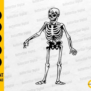 May include: A black and white illustration of a skeleton with outstretched arms. The image includes the text "SVG, DXF, PNG, EPS, AI" and "INSTANT DOWNLOAD". The skeleton is a detailed drawing, perfect for Halloween or anatomical studies.