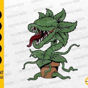 May include: A green, cartoon-style plant with a large, open mouth, sharp teeth, and a red tongue. The plant is in a brown pot. Text on the left side reads "SVG, DXF, PNG, EPS, AI" and "INSTANT DOWNLOAD".