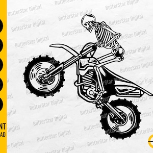 May include: Black and white graphic of a skeleton riding a motocross bike. The skeleton is mid-air, performing a stunt. The image includes the words "SVG, DXF, PNG, EPS, AI" and "INSTANT DOWNLOAD".