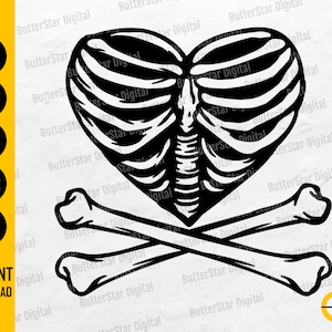 May include: Black and white graphic of a heart-shaped rib cage with crossed bones below. The image includes the words "SVG, DXF, PNG, EPS, AI" and "INSTANT DOWNLOAD".