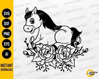 Cute Floral Horse SVG | Baby Horse With Flowers SVG | Animal Decals T-Shirt Graphics | Cricut Cut File Clipart Vector Digital Dxf Png Eps Ai