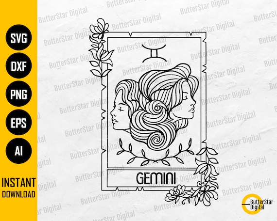 Gemini Card SVG | Astrology SVG | Zodiac T-Shirt Decal Vinyl Tee | Cricut Cutting File Cameo Printable Clipart Vector Digital Dxf Png Eps Ai