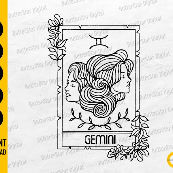 Gemini Card SVG | Astrology SVG | Zodiac T-Shirt Decal Vinyl Tee | Cricut Cutting File Cameo Printable Clipart Vector Digital Dxf Png Eps Ai