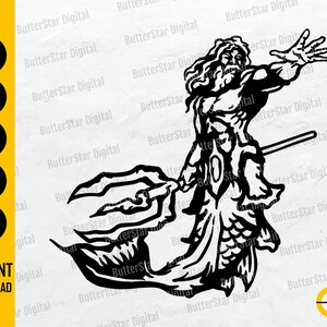 Könnte beinhalten: Schwarz-weiße digitale Illustration einer muskulösen Figur mit langem Bart, die einen Dreizack hält und mit einer Hand ausgreift. Das Bild enthält den Text "SVG, DXF, PNG, EPS, AI" und "SOFORT-DOWNLOAD".