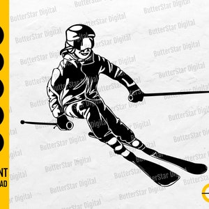 May include: Black and white illustration of a skier in action, wearing a helmet and ski gear, gliding down a slope with ski poles. The image includes file format options: SVG, DXF, PNG, EPS, and AI, with the text "INSTANT DOWNLOAD".
