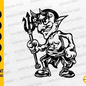 May include: Black and white cartoon illustration of a devil holding a trident. The devil has horns, pointed ears, and a muscular build. The image includes the text "SVG, DXF, PNG, EPS, AI" and "INSTANT DOWNLOAD".