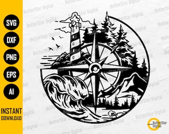 Lighthouse Compass SVG | Fisherman SVG | Lighthouse SVG | Cricut Cut File Silhouette Stencil Clip Art Vector Digital Download Dxf Png Eps Ai
