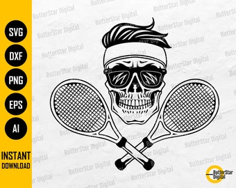 Skull Tennis Player SVG | Crossbones SVG | Skeleton Racket Sport Game Court | Cutting File Printable Clip Art Vector Digital Dxf Png Eps Ai