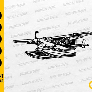 Puede incluir: Ilustración en blanco y negro de un hidroavión. La imagen muestra una hélice, alas y flotadores. También incluye el texto "SVG, DXF, PNG, EPS, AI" y "INSTANT DOWNLOAD".
